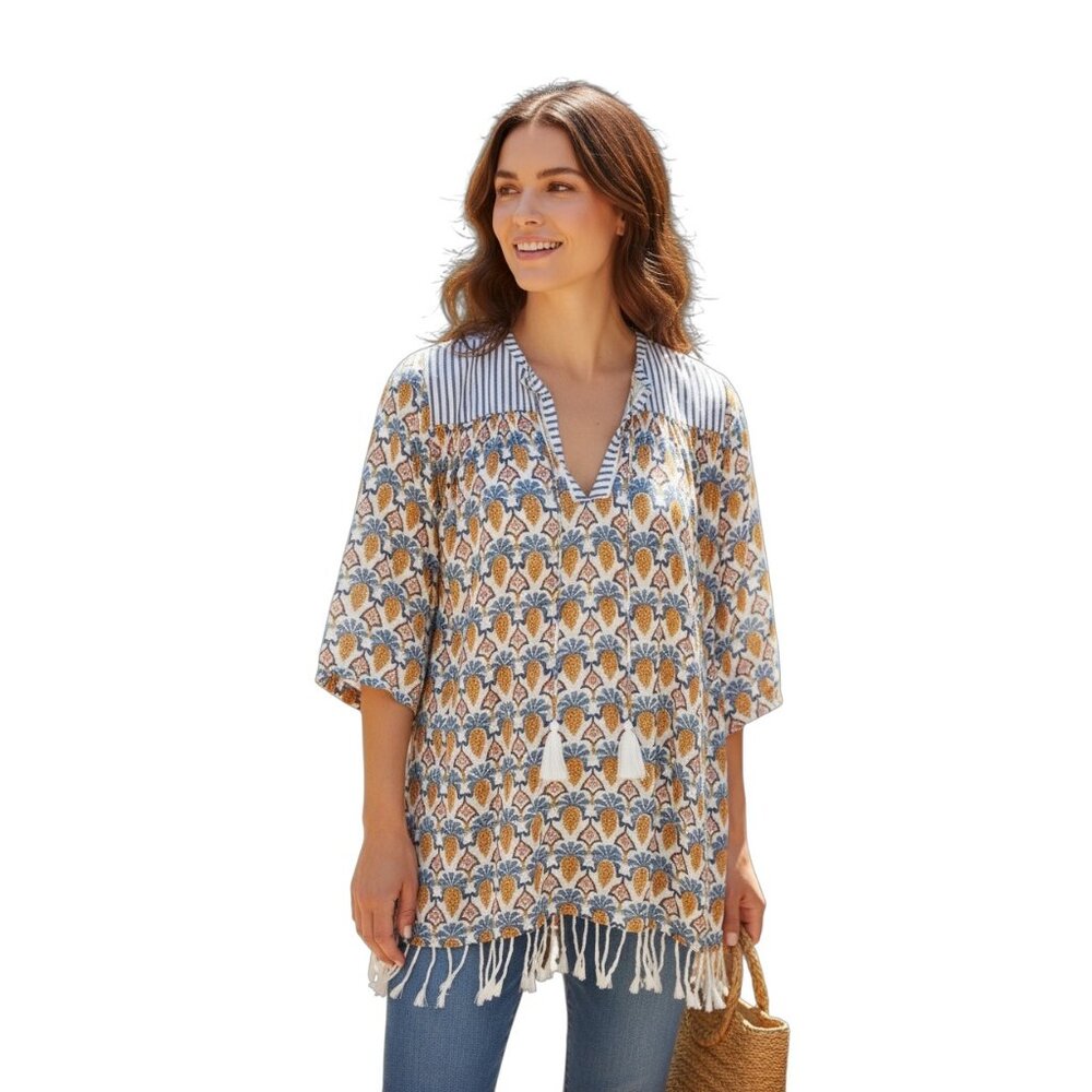 Roller Rabbit Block Print Serafina Tunic Fringe W… - image 1